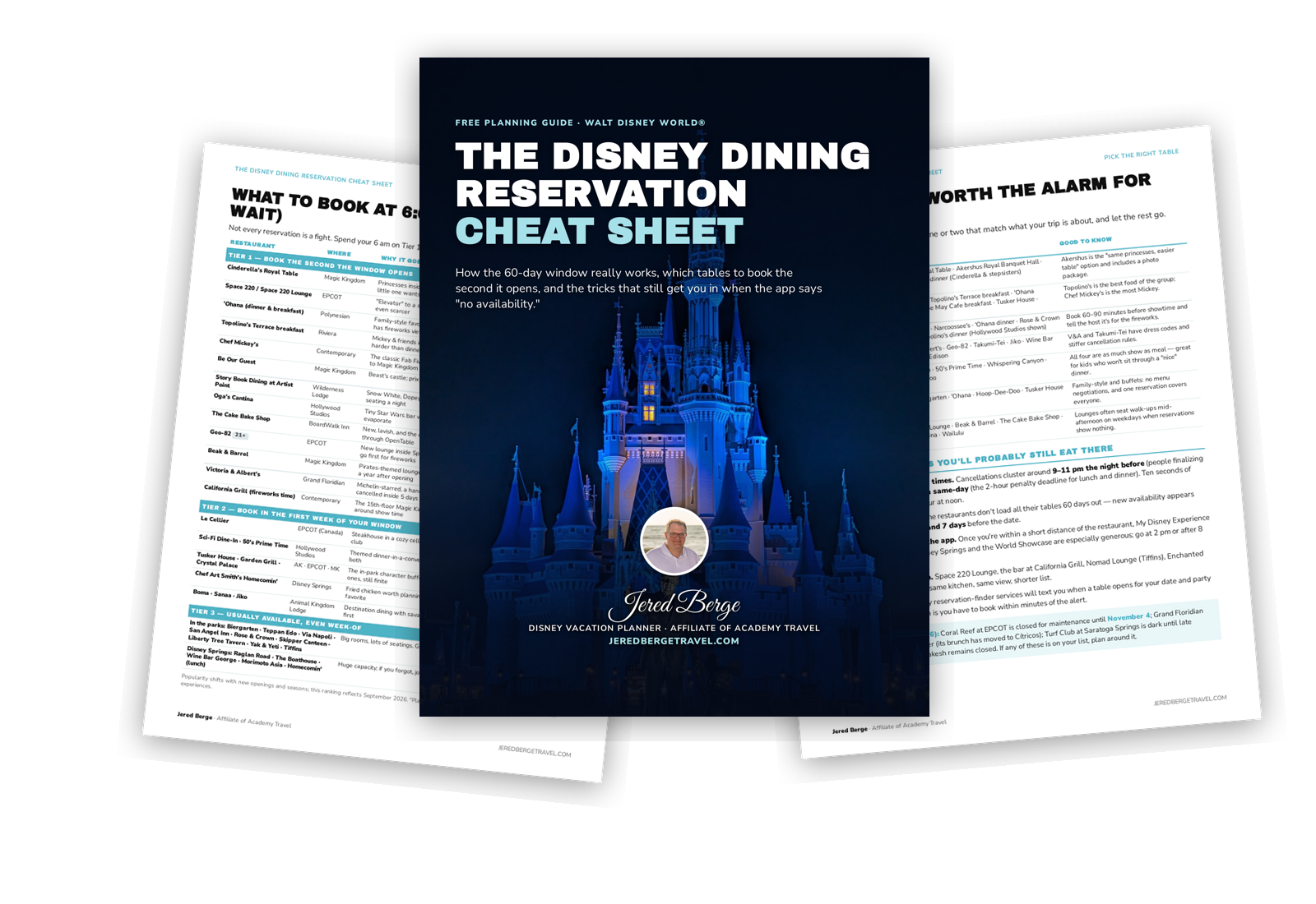 Pages of the free Disney Dining Reservation Cheat Sheet