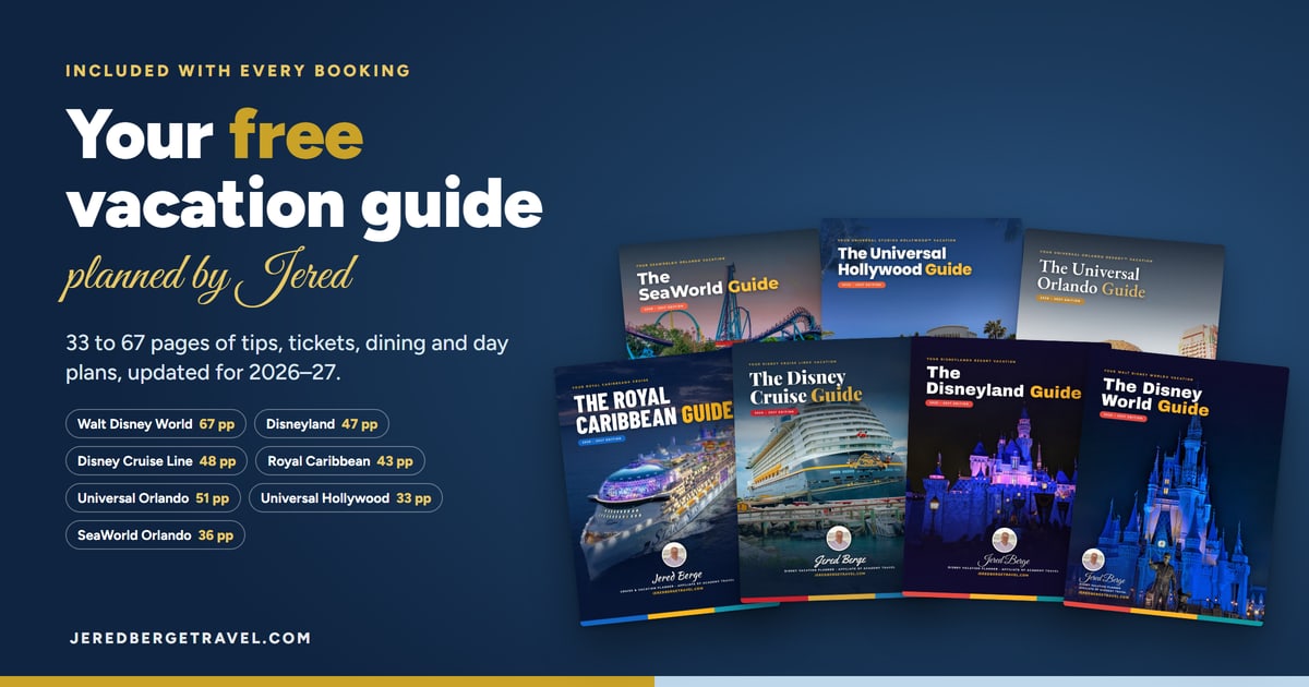 Your free vacation guide, included with every booking: seven guides for Walt Disney World, Disneyland, Disney Cruise Line, Royal Caribbean, Universal Orlando, Universal Hollywood and SeaWorld